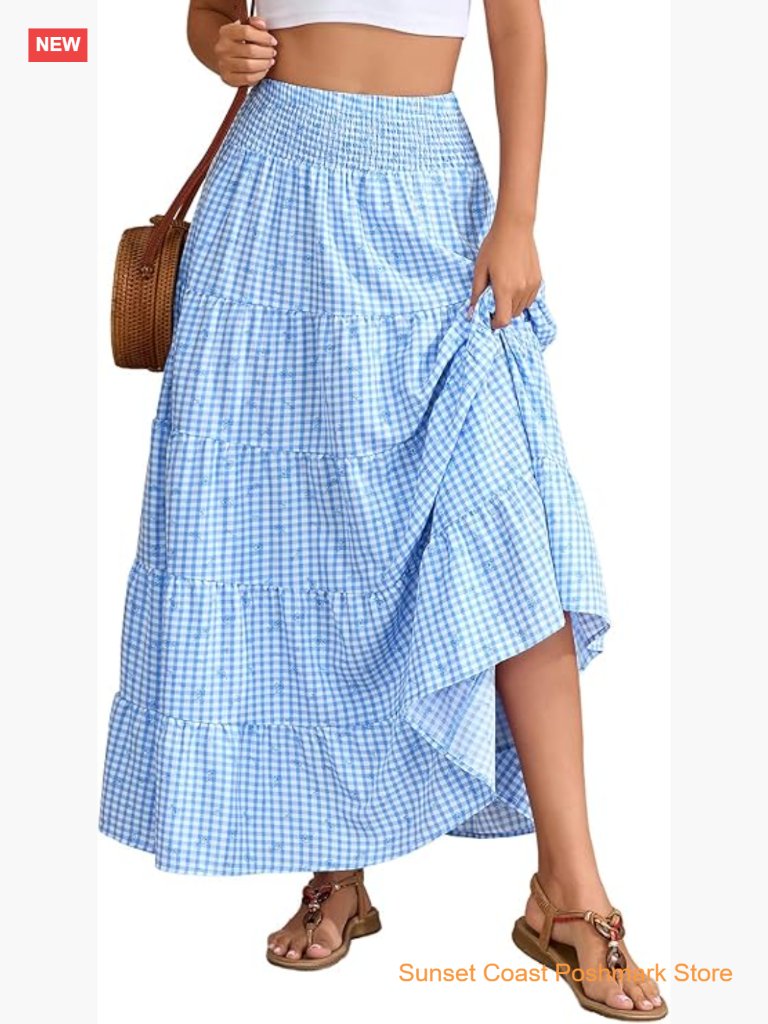 Maxi Skirt Flowy A-Line Tiered Boho Skirt With Pockets